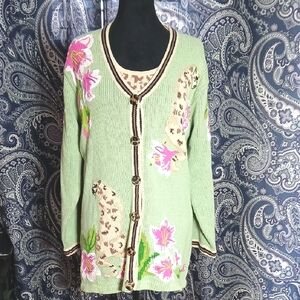 🐆 Vintage Storybook Knits Leopard Embroidered Cardigan Tank Set Grandmacore